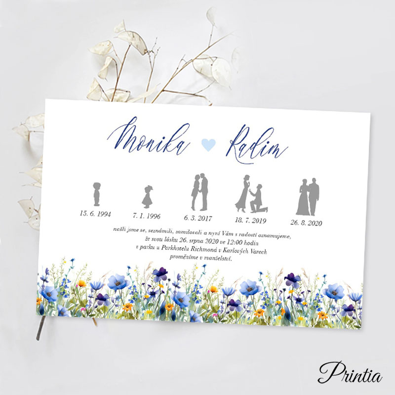 Wedding invitation with timeline and meadow with blue flowers