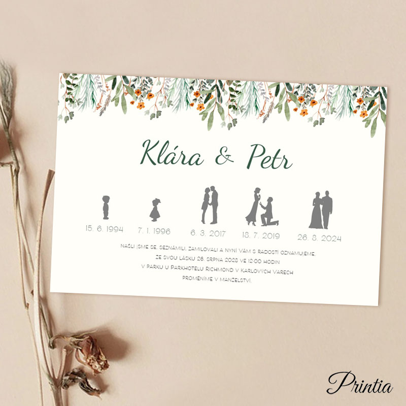 Wedding invitation with timeline and meadow