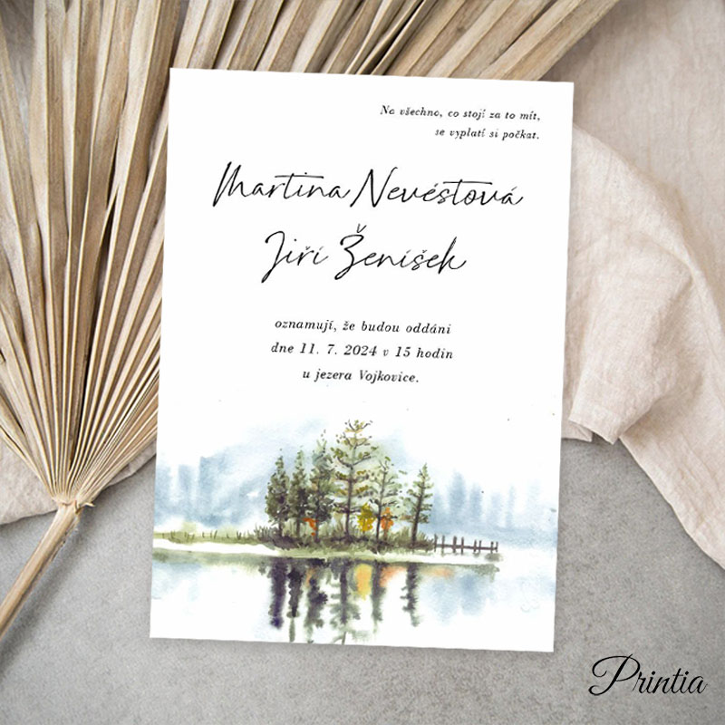 Wedding invitation with trees by the lake