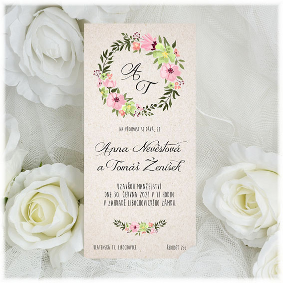 Natural wedding invitation with floral wreath