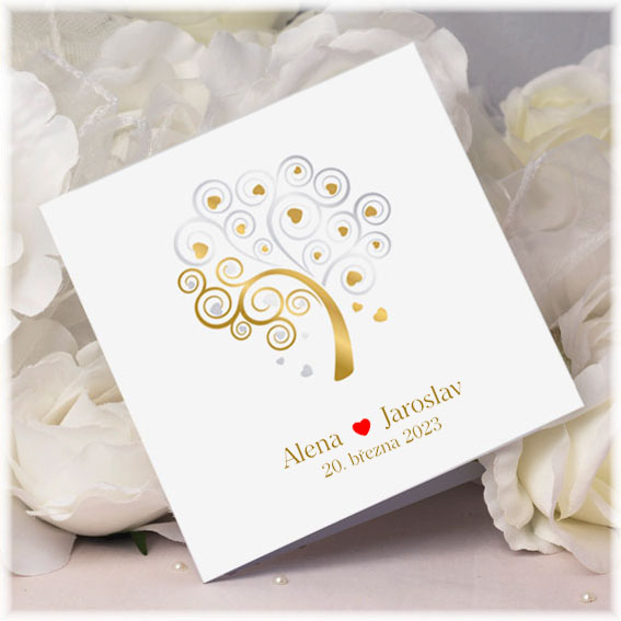 Svatební oznámení se zlato-stříbrným stromem
