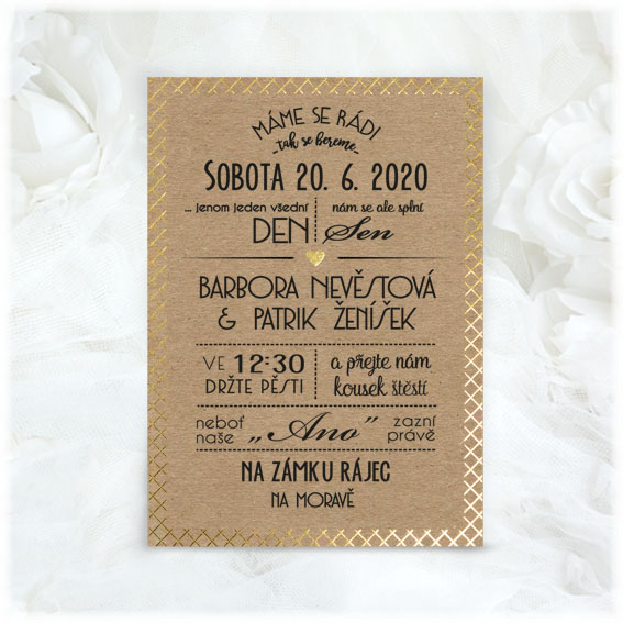 Kraft wedding invitation with gold mintage