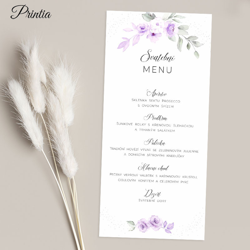 Wedding menu lila flowers