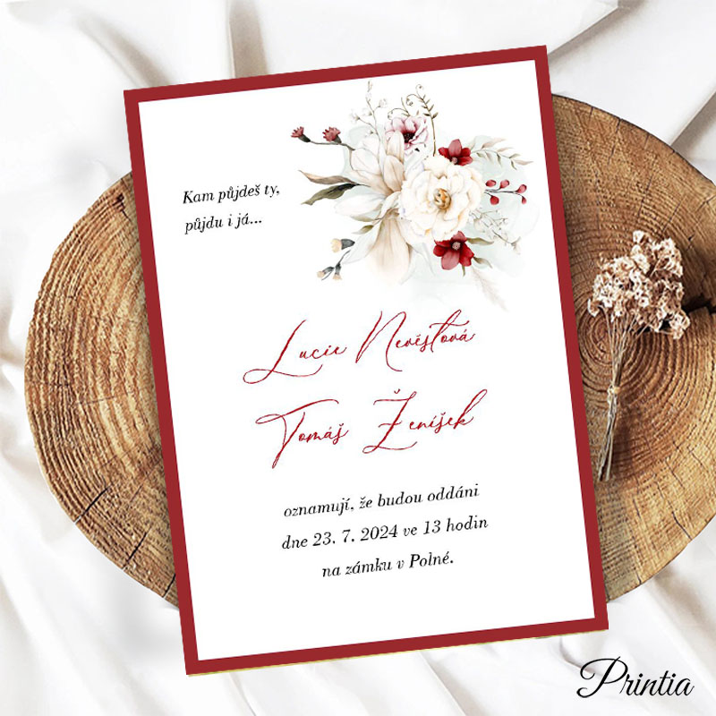 Wedding invitation with red and white flowers