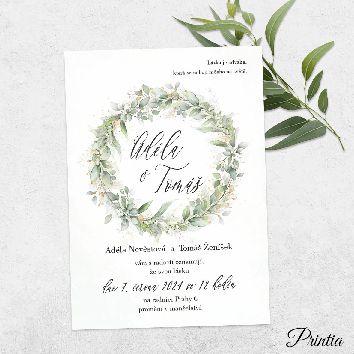 Wedding invitation with eucalyptus wreath