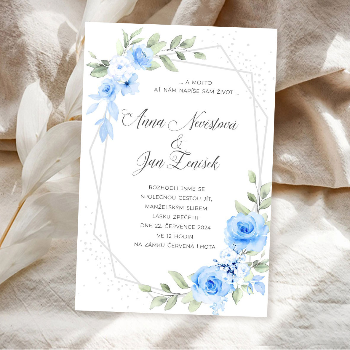 Wedding invitation with blue flowers