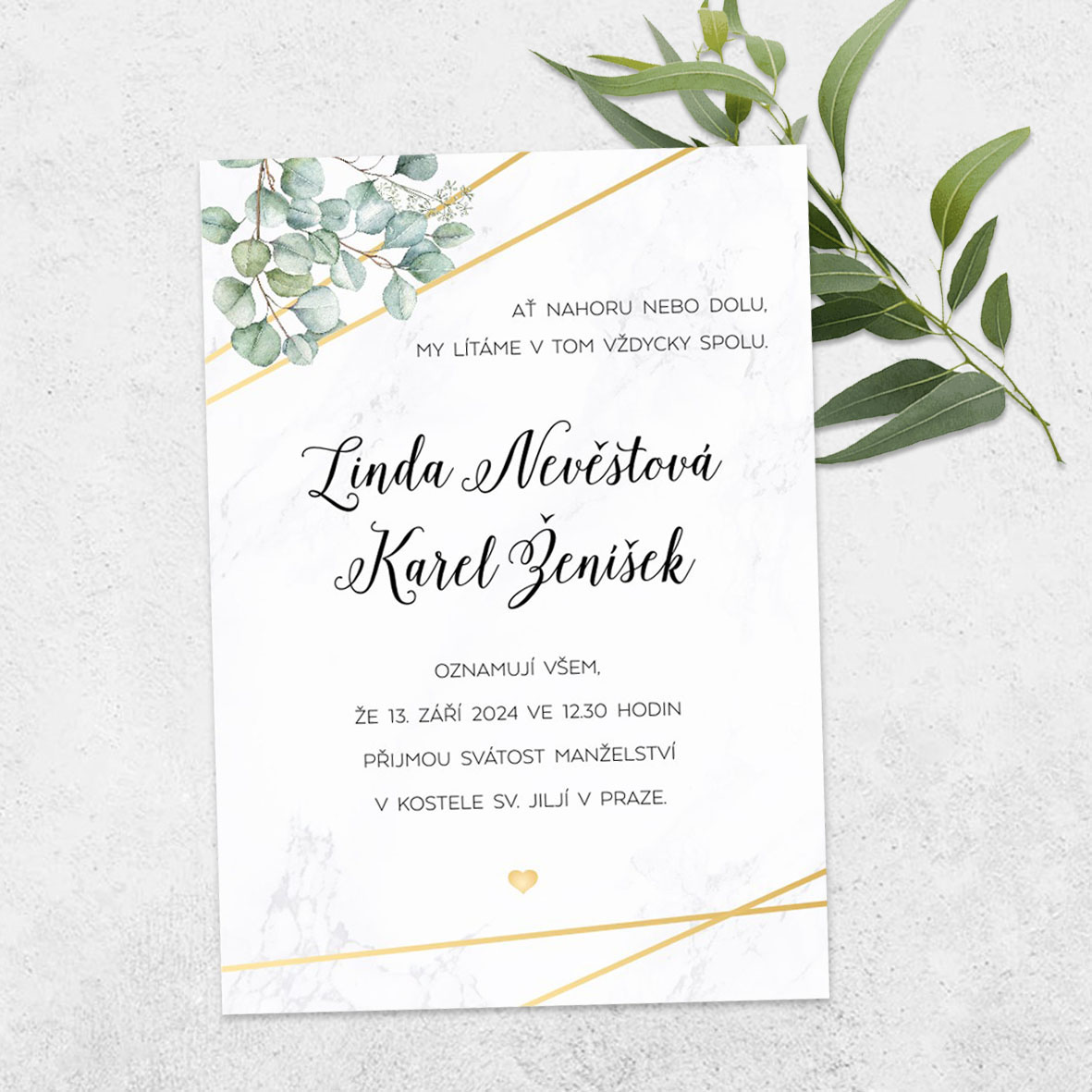 Wedding Invitation with Leave Branches and Gold Lines