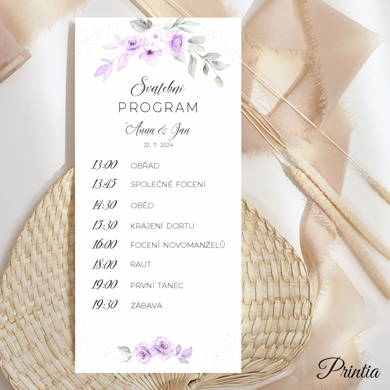Wedding timeline with lila watercolor flowers