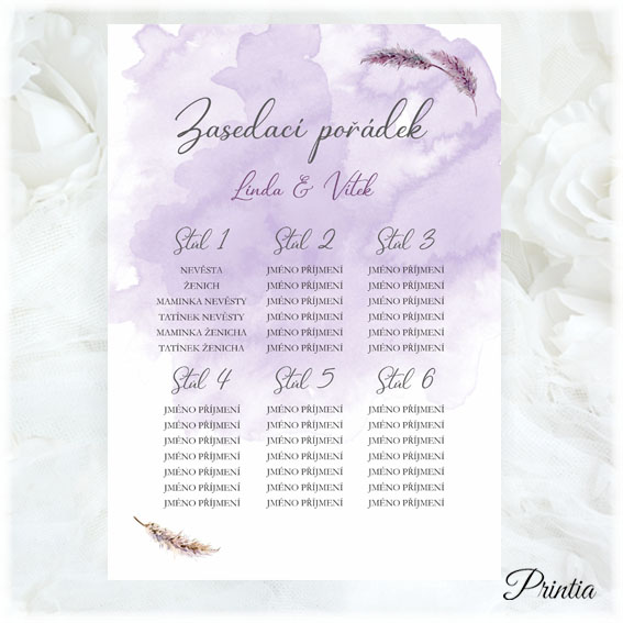 Wedding seating chart with lilac background and twigs 