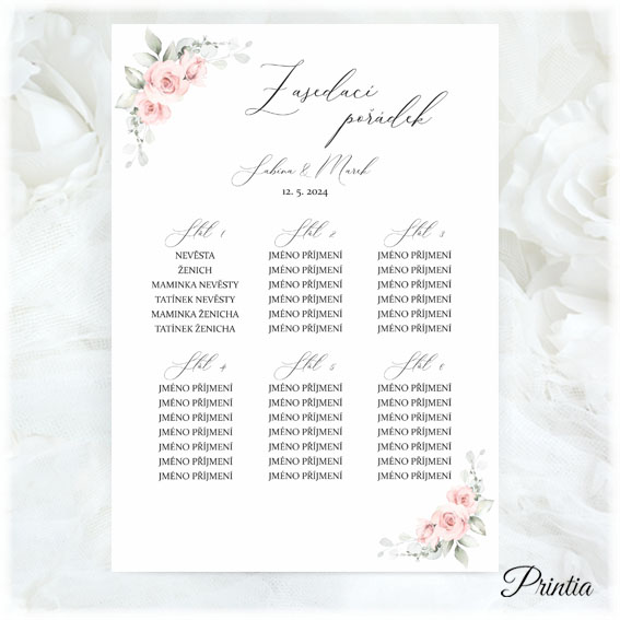 Wedding seating chart with pink flowers