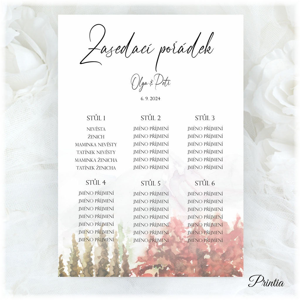 Wedding seating chart with autumn landscape