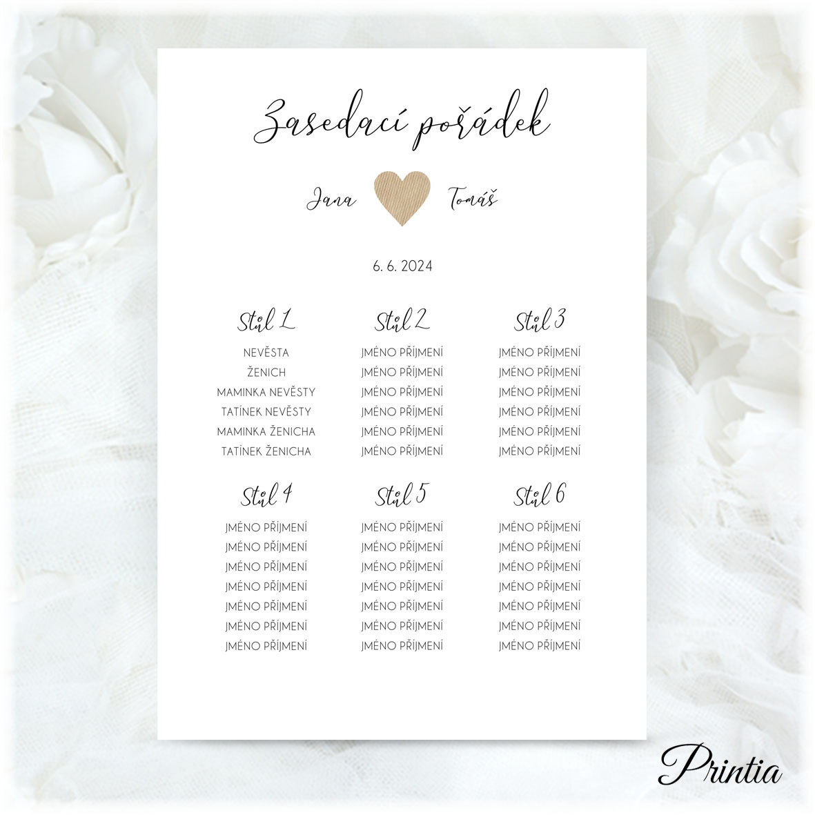 Wedding seating chart with glued kraft paper heart