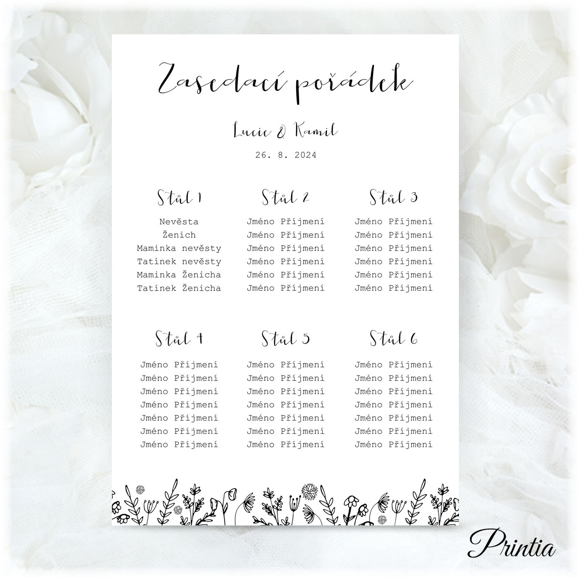 Wedding seating chart with simple meadow flowers