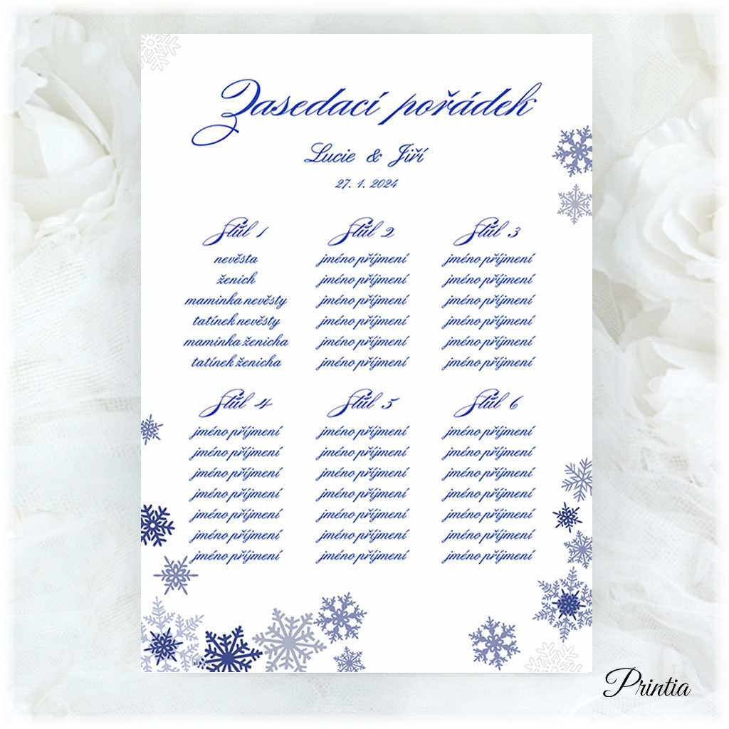Wedding seating chart with snowflakes