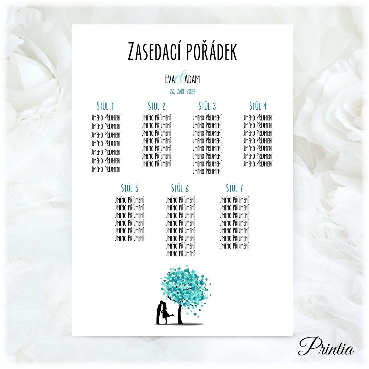 Wedding seating chart with turquoise tree 