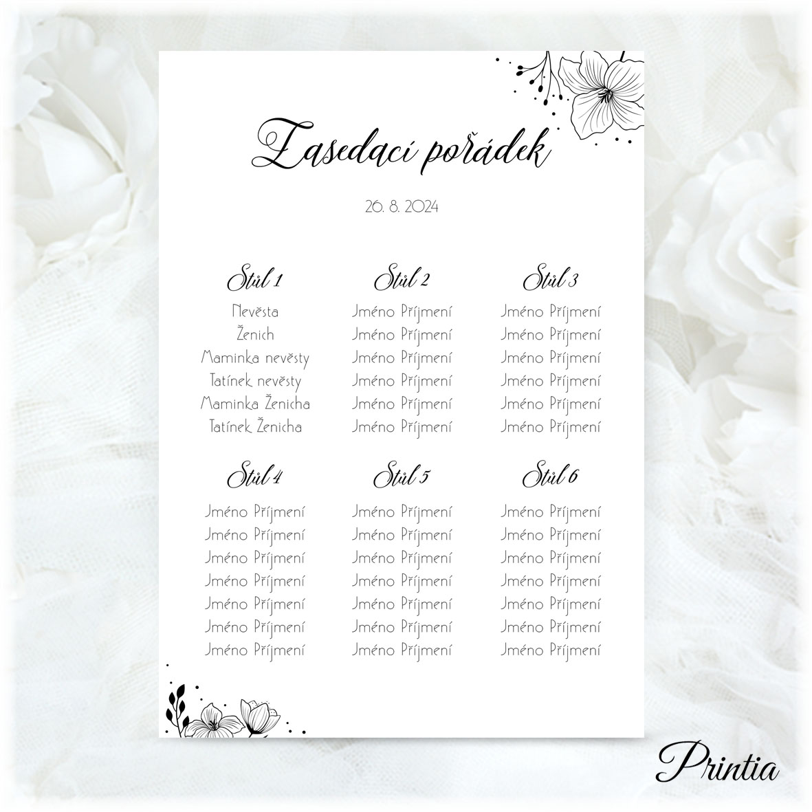 Wedding seating chart with black flowers