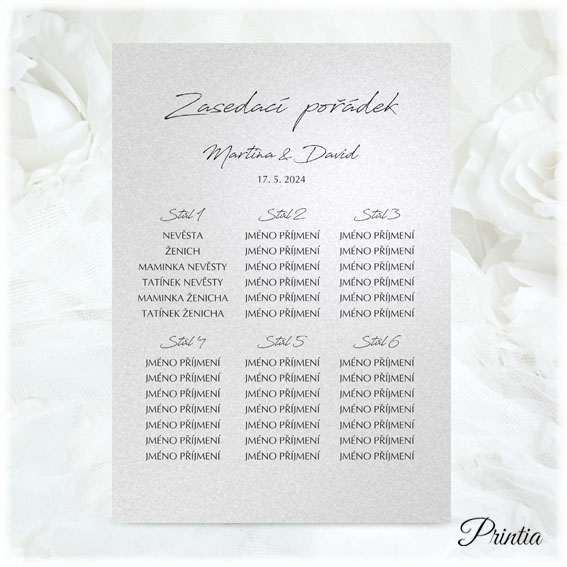 Wedding seating chart on pearly paper