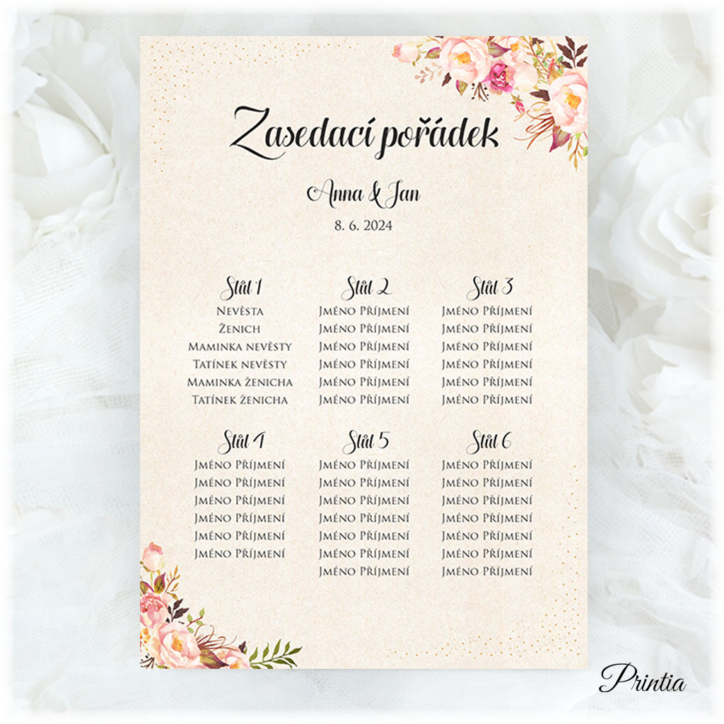 Wedding seating plan with flowers