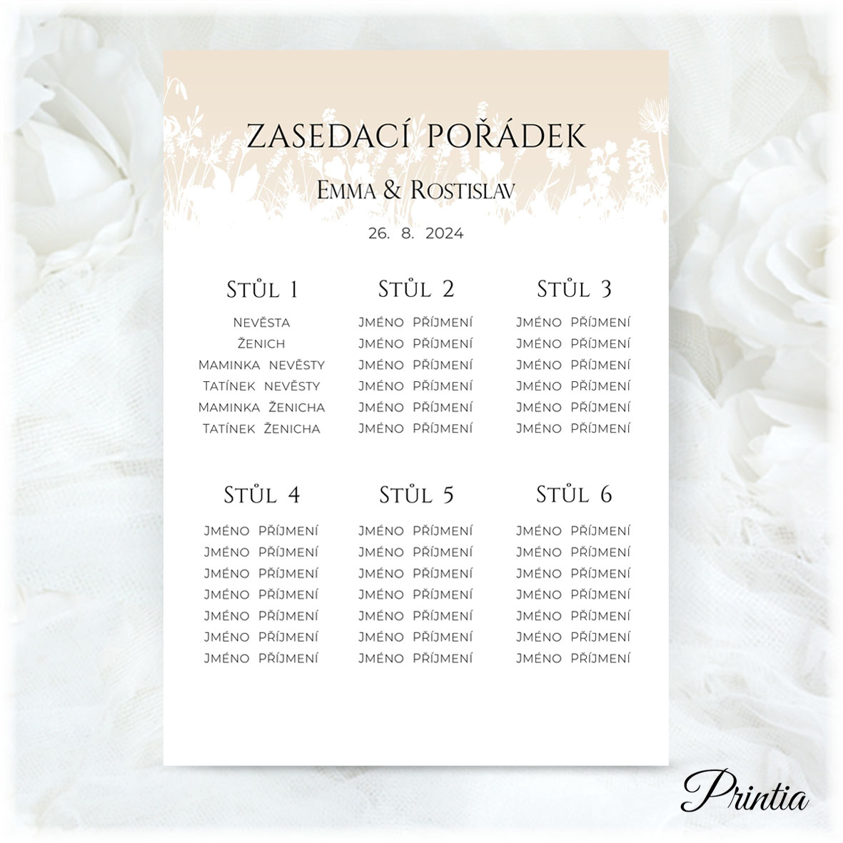 Wedding seating plan with meadow flowers outlines 