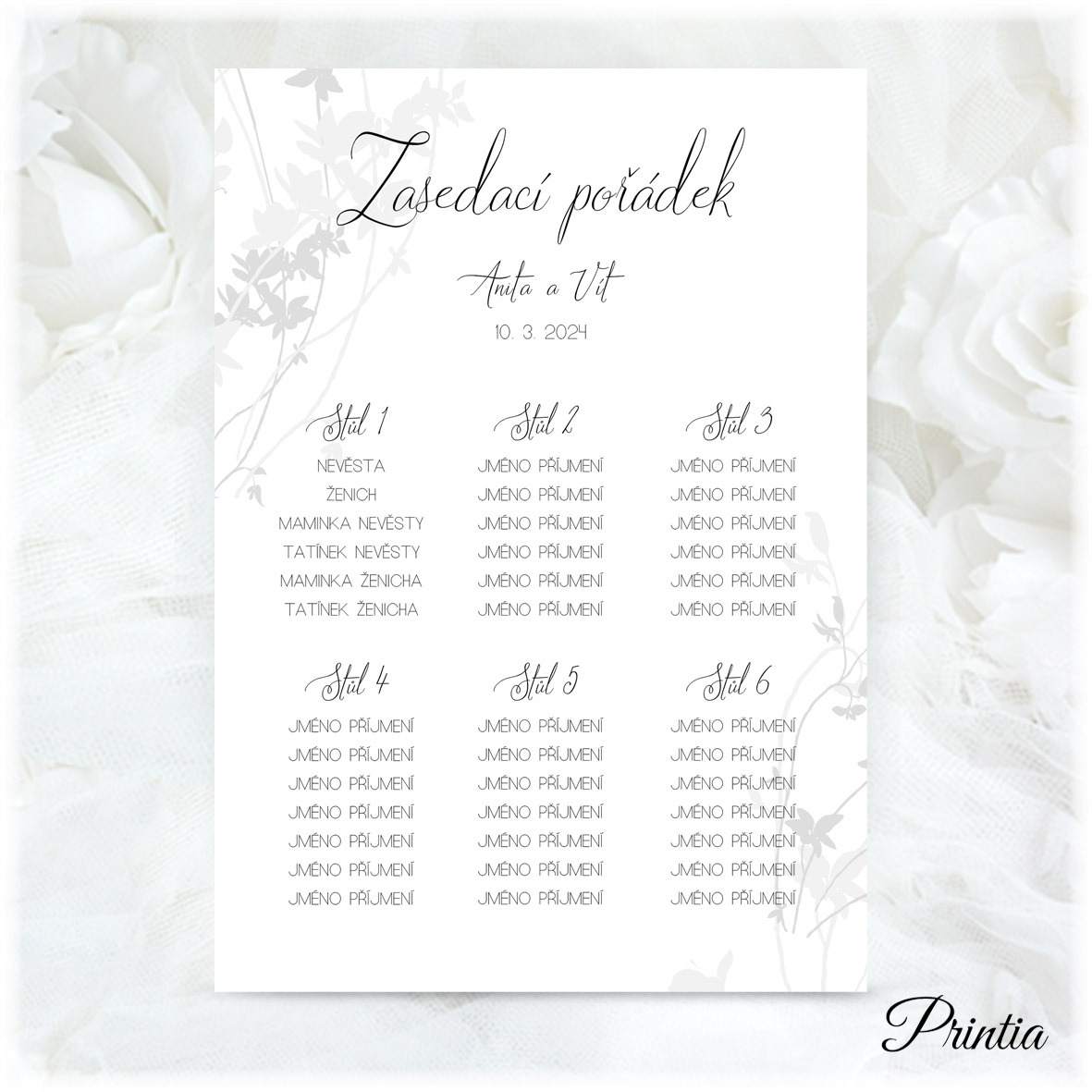Wedding seating plan with floral ornament