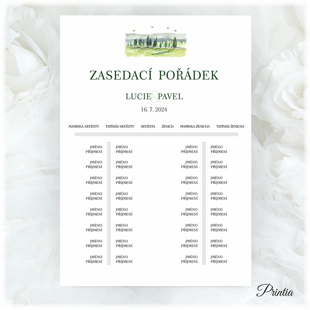 Seating chart with a picture of a path through the trees