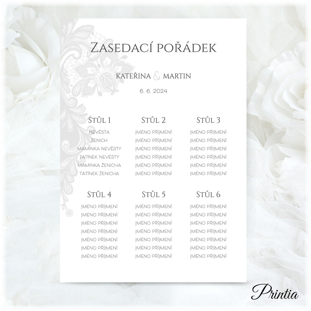 Wedding seating chart with gray lace