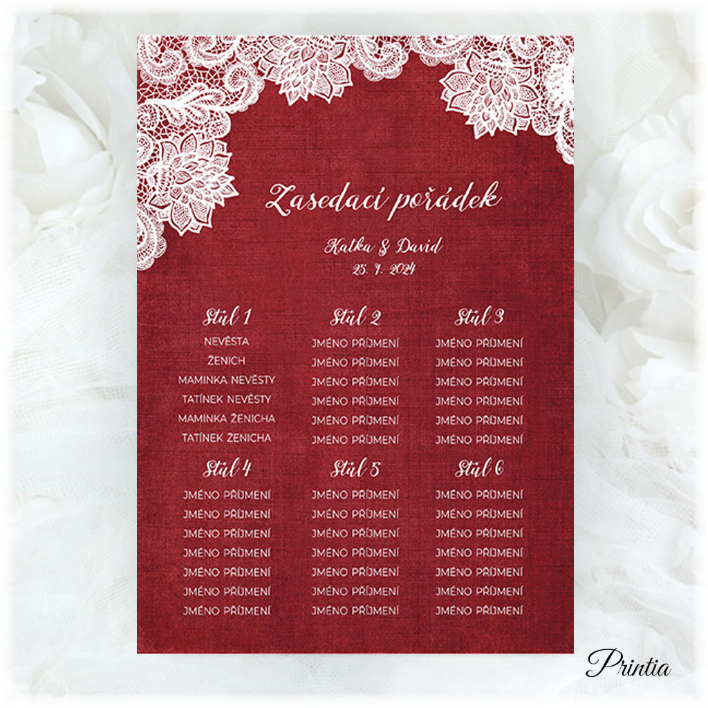 Wedding seating chart with white lace