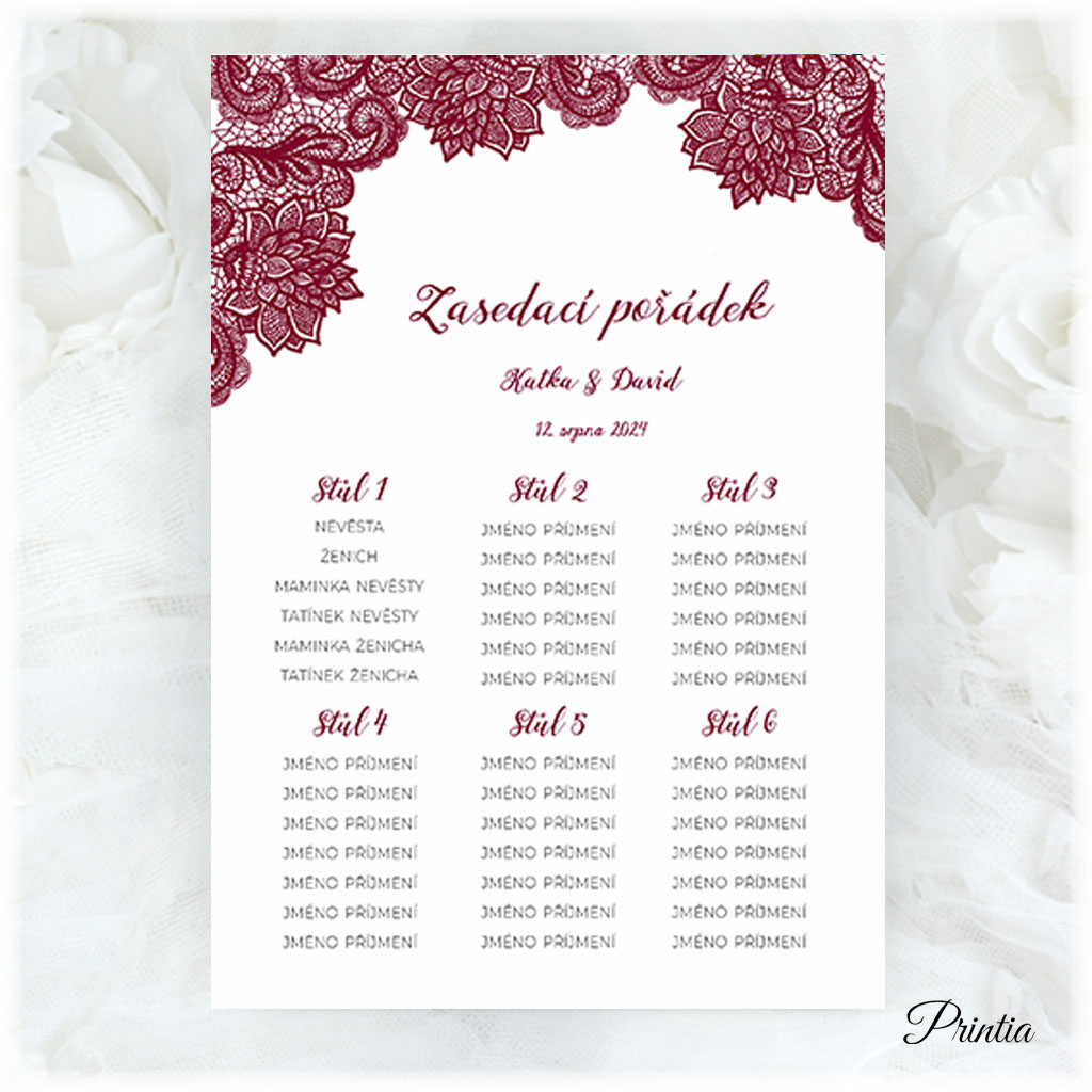 Wedding seating plan with burgundy lace