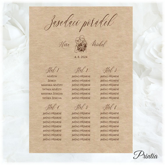 Wedding seating plan with a picture of a couple