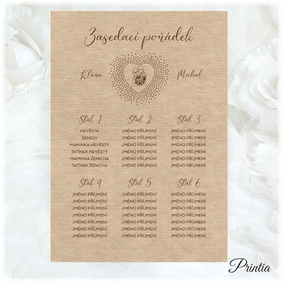 Wedding seating plan with a picture of a couple and hearts