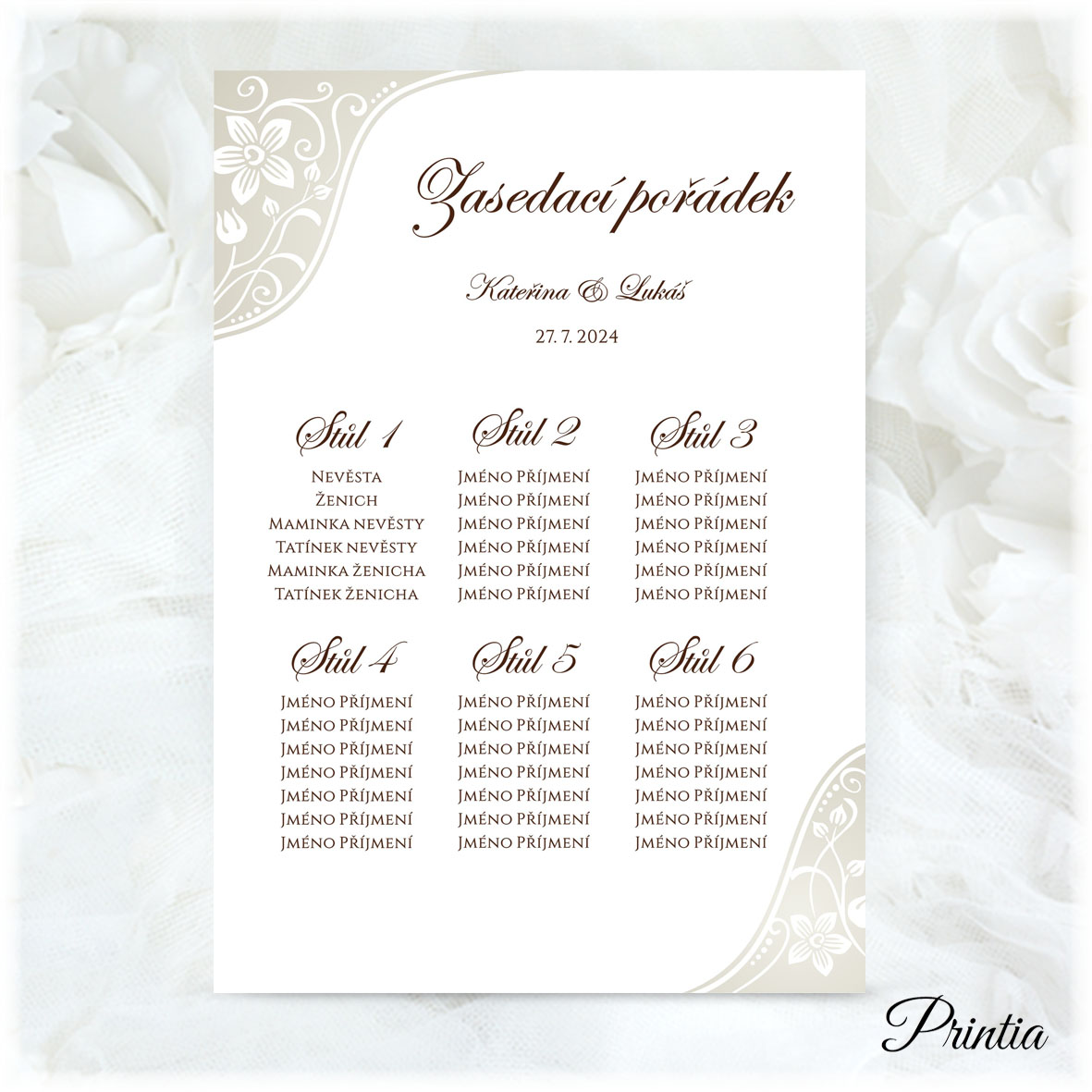 Wedding seating plan with floral ornament