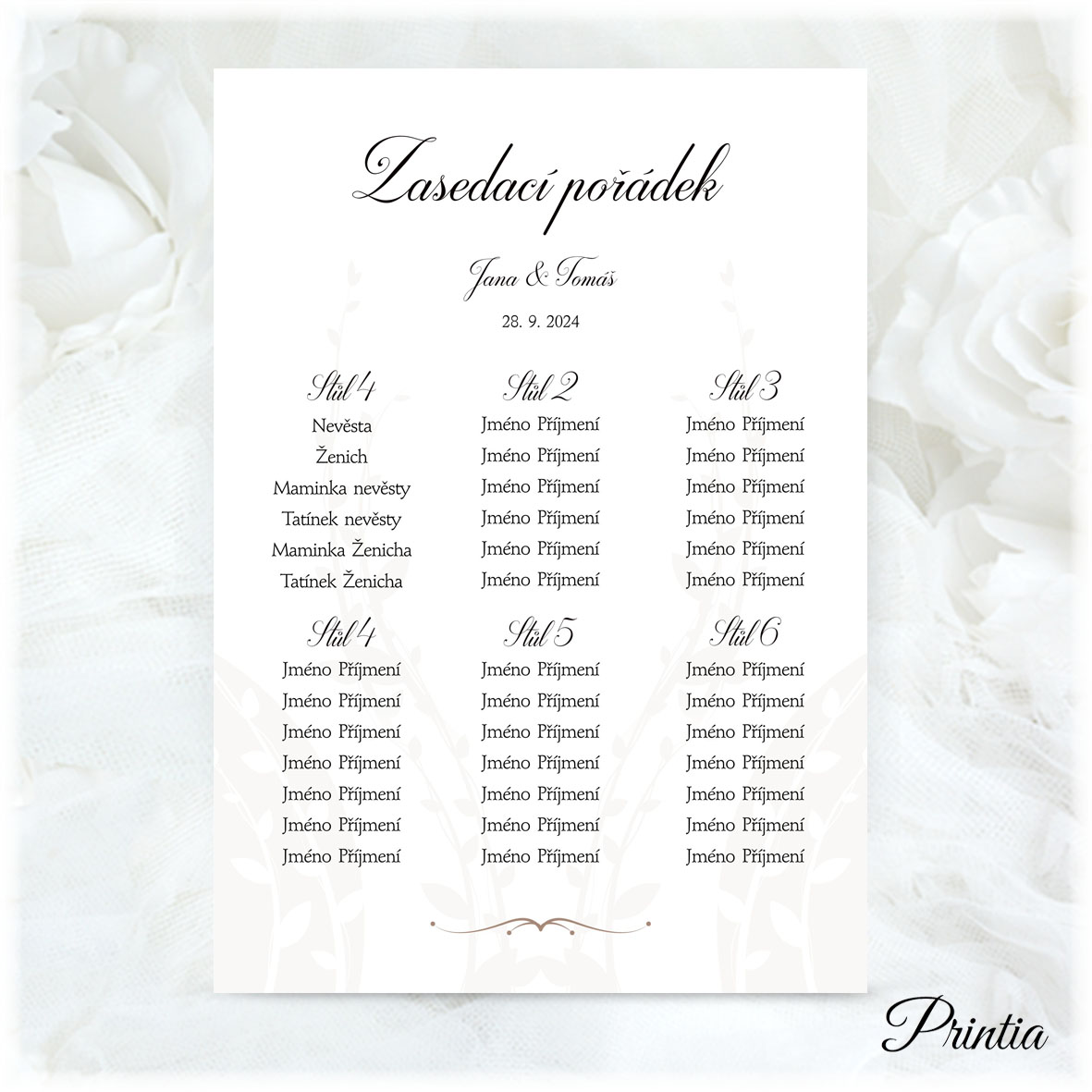 Wedding seating chart with ornament and light floral background 