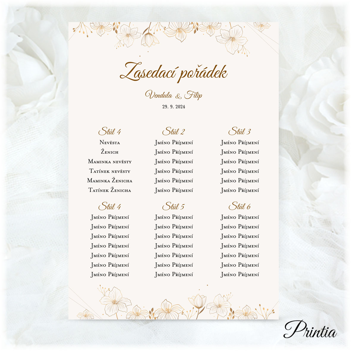 Wedding seating plan with flowers and lines