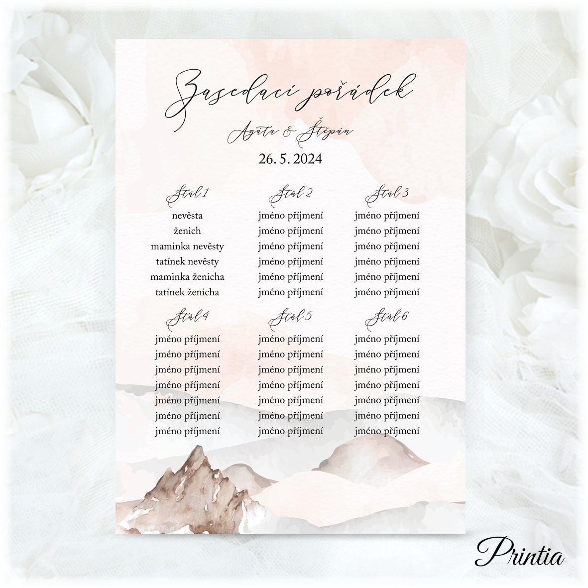 Wedding seating plan with mountains 