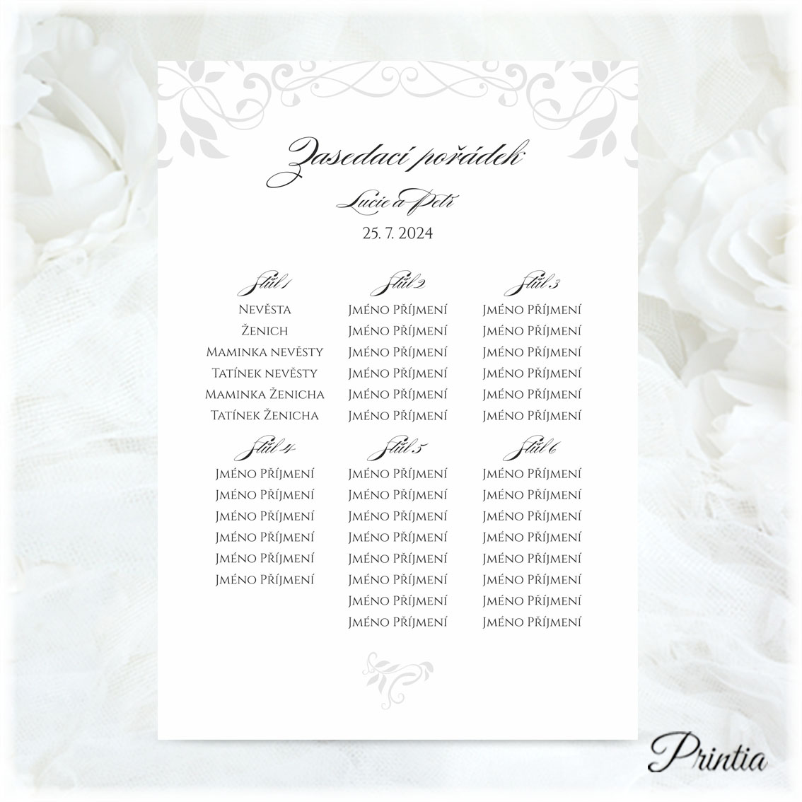 Wedding seating plan with gray ornament