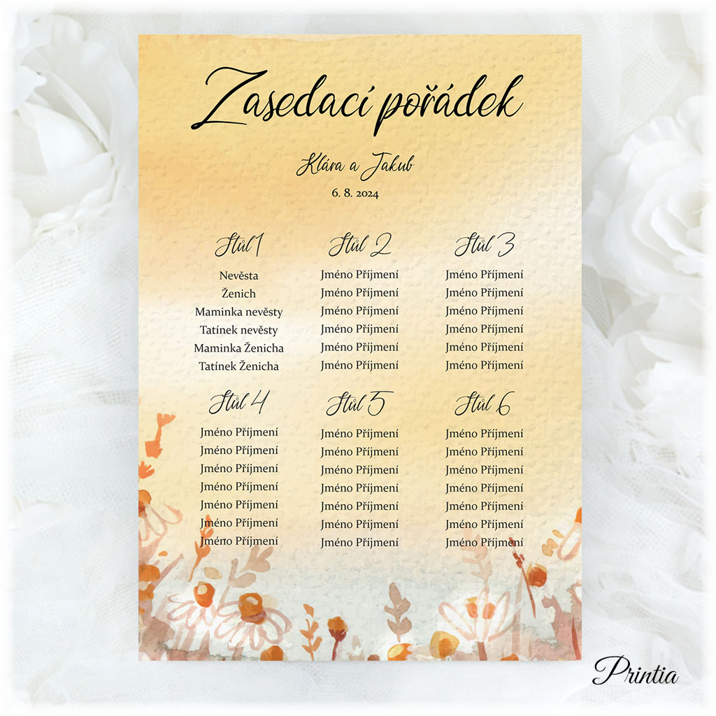 Wedding seating chart with meadow flowers
