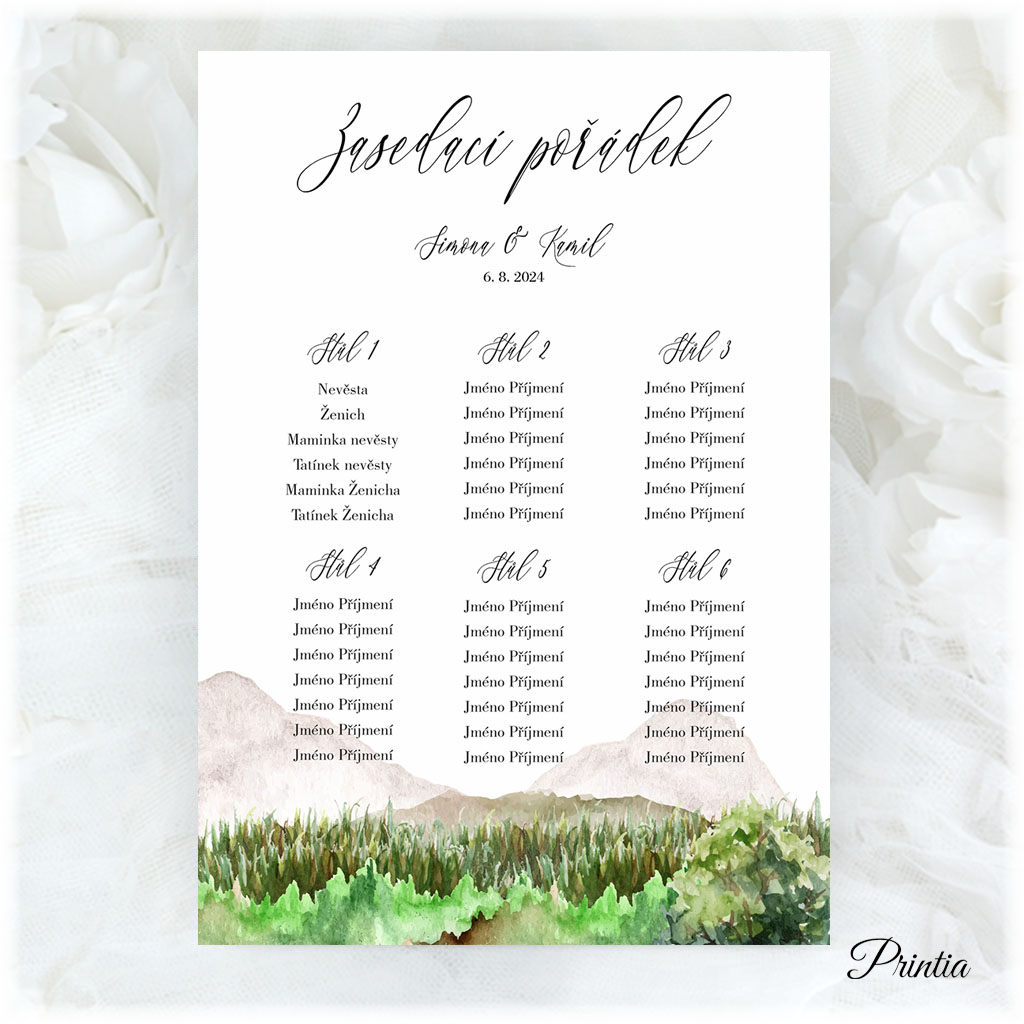 Wedding seating chart with a mountain theme