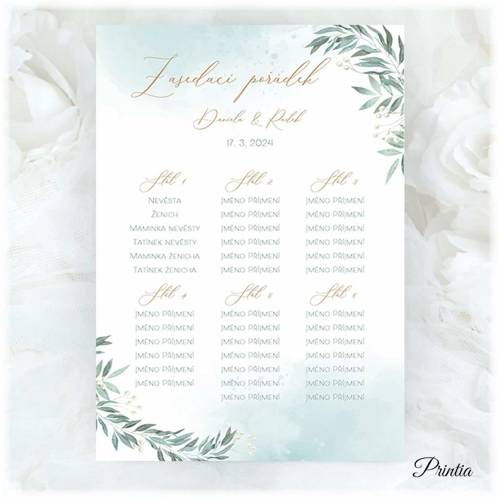 Wedding seating chart with green twigs
