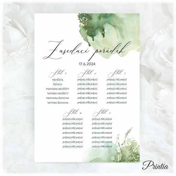 Wedding seating plan with green watercolor