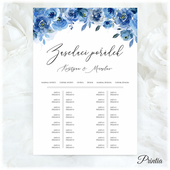 Wedding seating chart with blue flowers