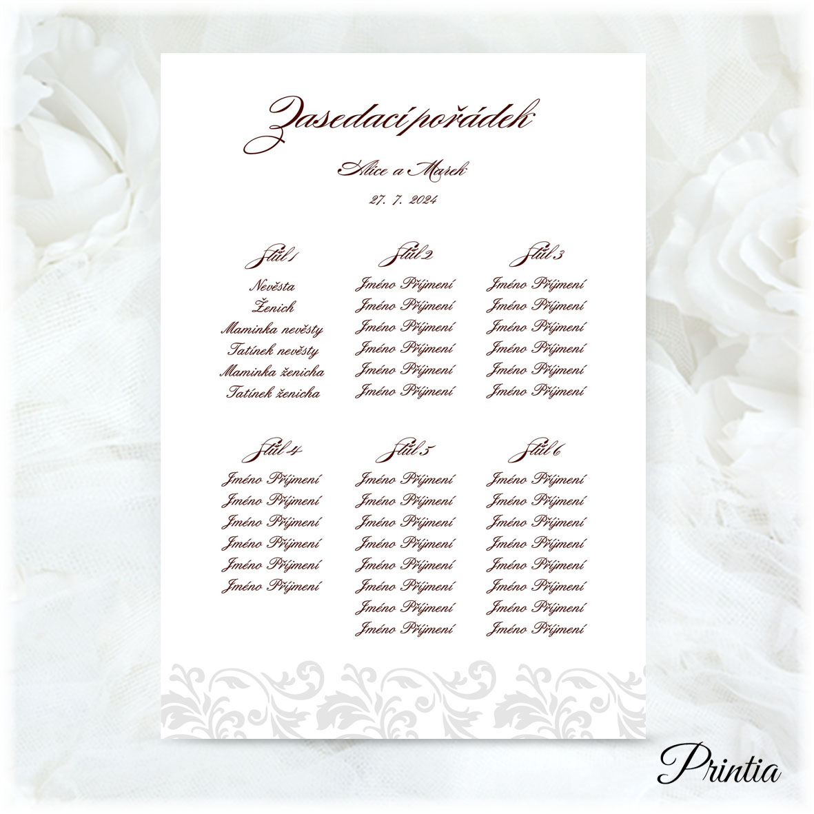 Wedding seating plan with gray ornament