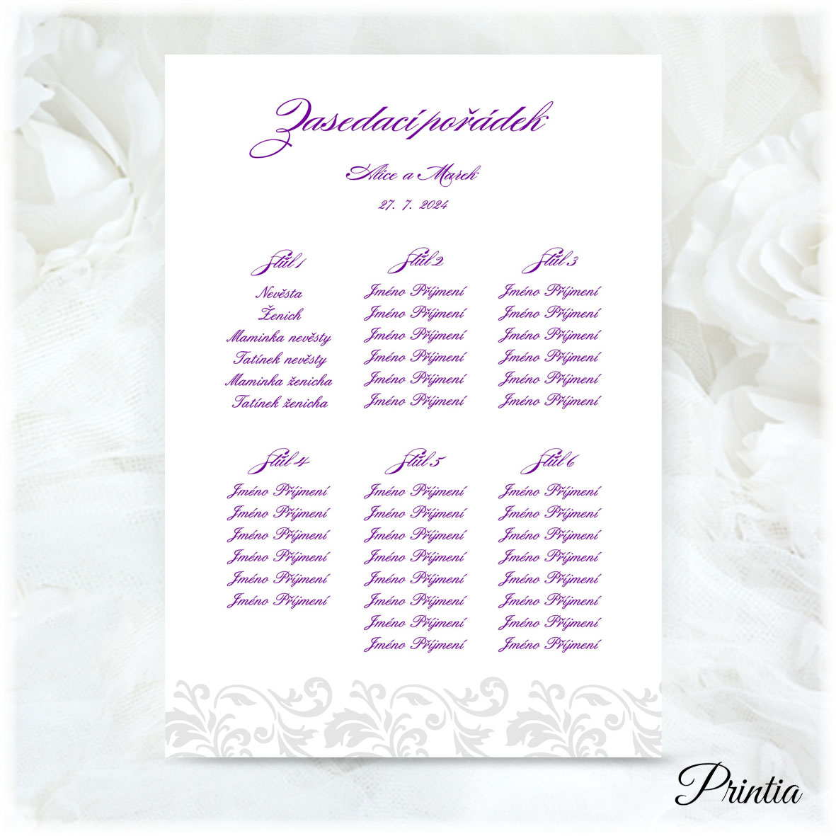 Wedding seating plan with gray ornament