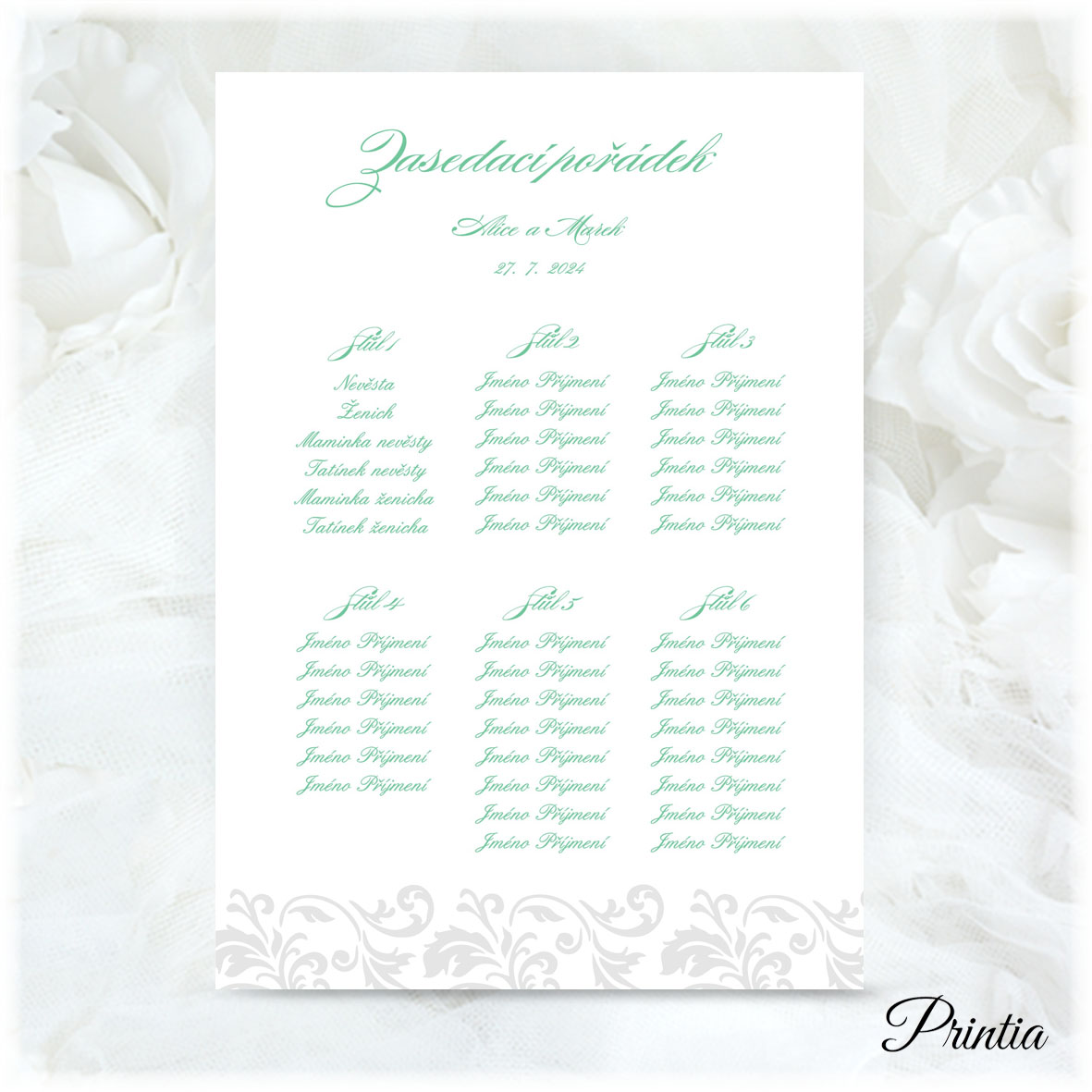 Wedding seating plan with gray ornament