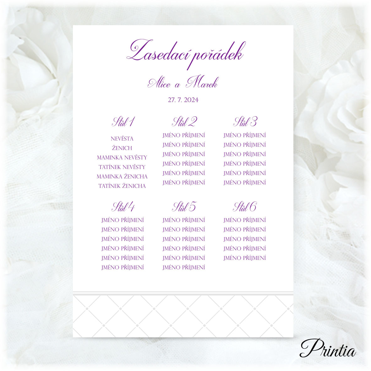 Wedding seating plan with gray ornament