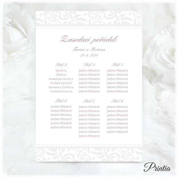 Wedding seating plan with printed ornament