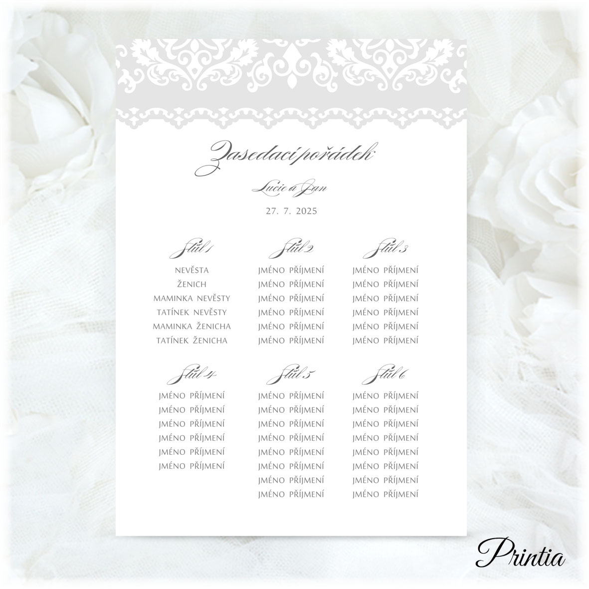 Wedding seating plan with gray ornament