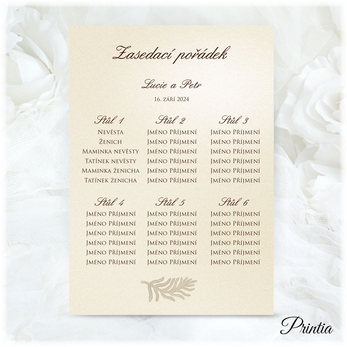 Wedding seating plan with printed feather