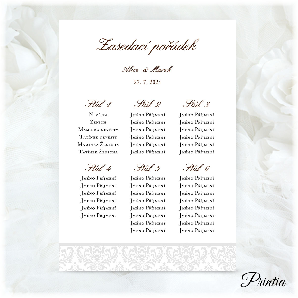 Wedding seating plan with gray ornament