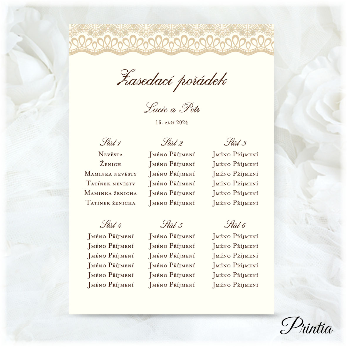 Wedding seating plan with a lace motif