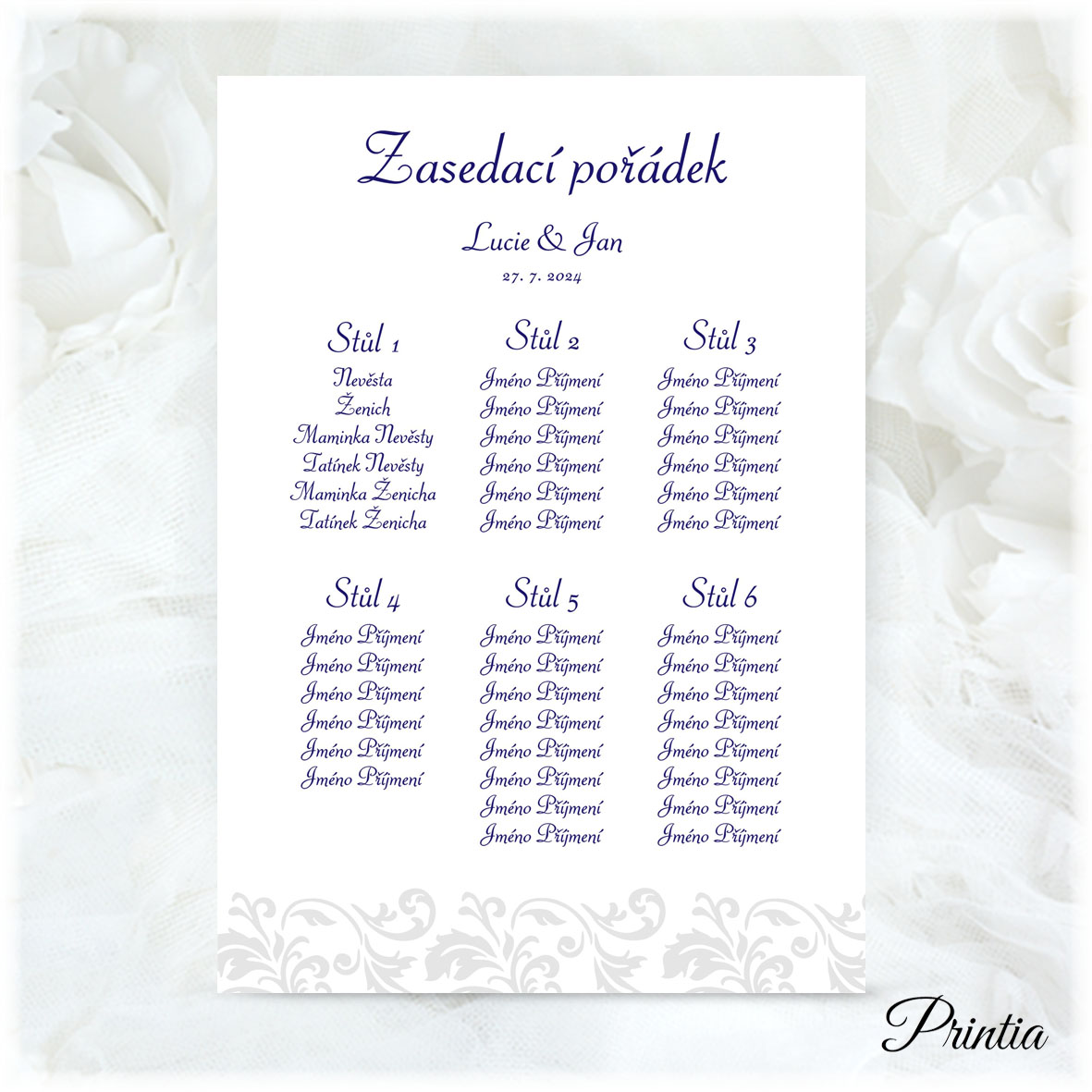 Wedding seating plan with gray ornament